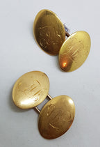 15ct Yellow Gold Initialled "L.B.J" Oval Cufflinks - Vintage / Antique