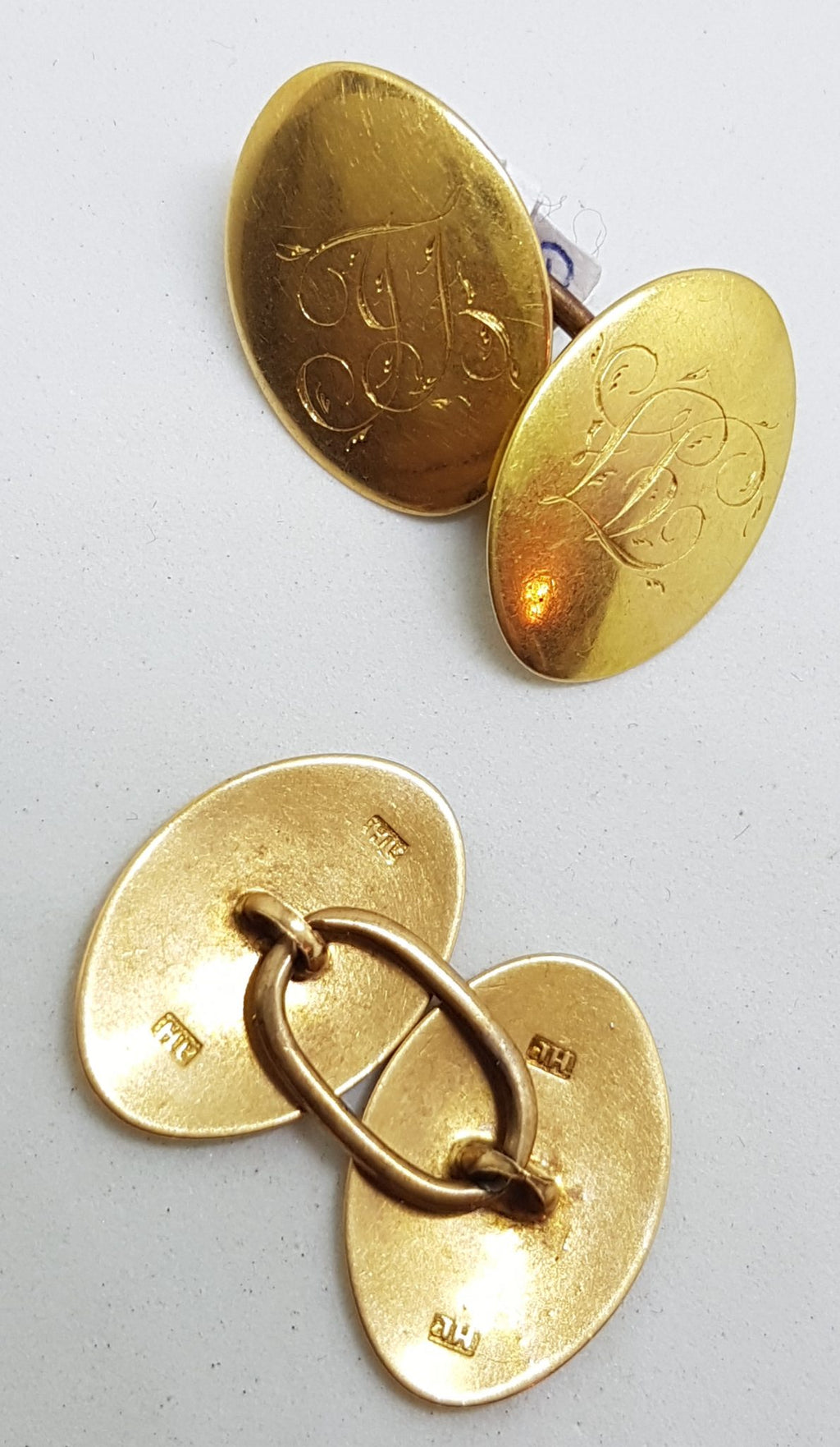 15ct Yellow Gold Initialled "L.B.J" Oval Cufflinks - Vintage / Antique