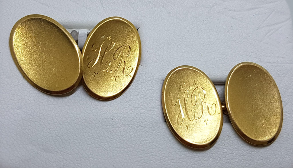 15ct Yellow Gold Initialled "H.R." Oval Cufflinks - Vintage / Antique