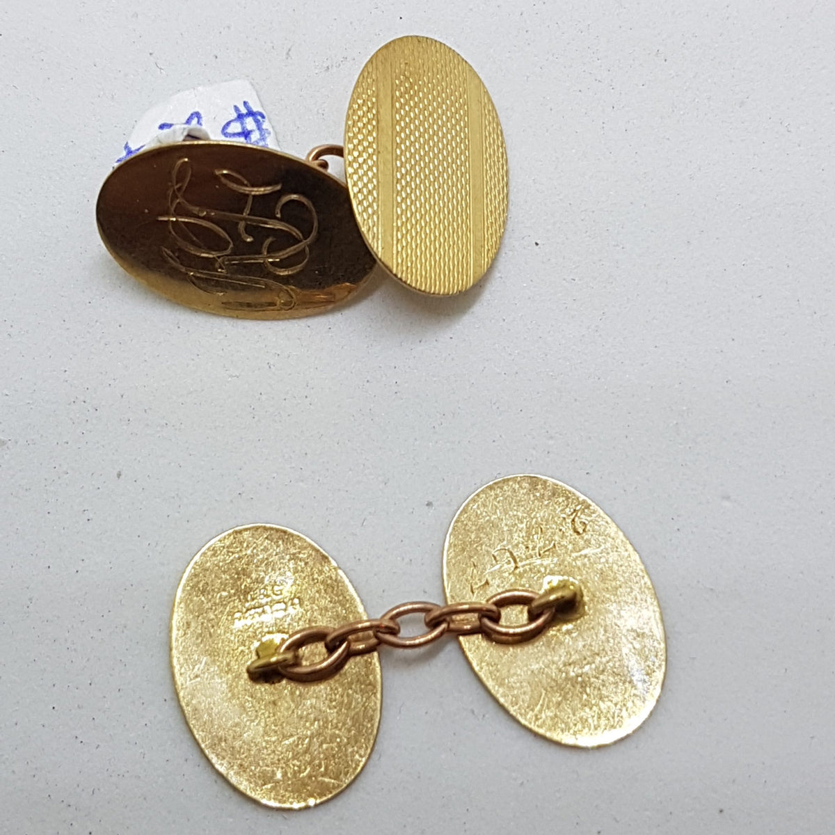 9ct Yellow Gold Initialled "H.F." Oval Cufflinks - Vintage / Antique