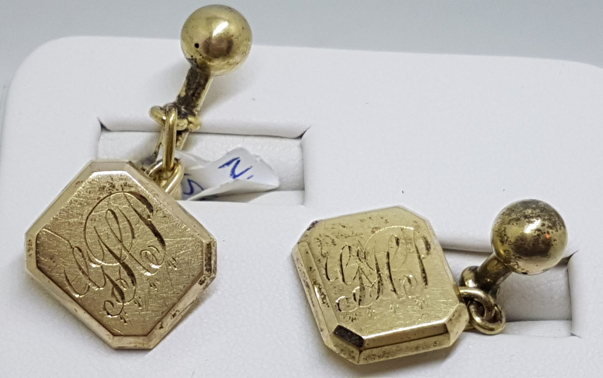 15ct Yellow Gold Rectangular Monogrammed "G.H.P" Cufflinks - Antique / Vintage