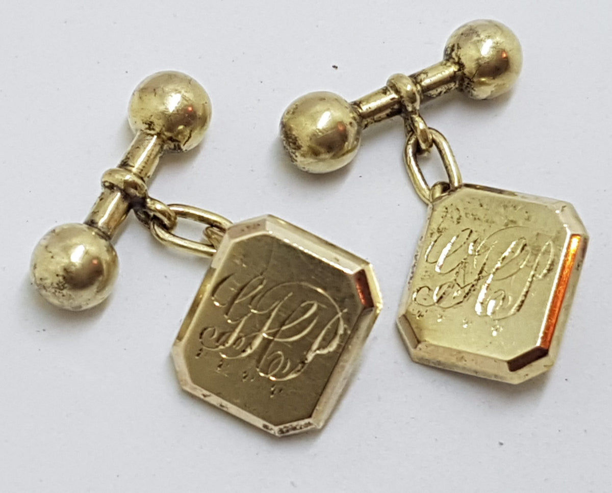 15ct Yellow Gold Rectangular Monogrammed "G.H.P" Cufflinks - Antique / Vintage