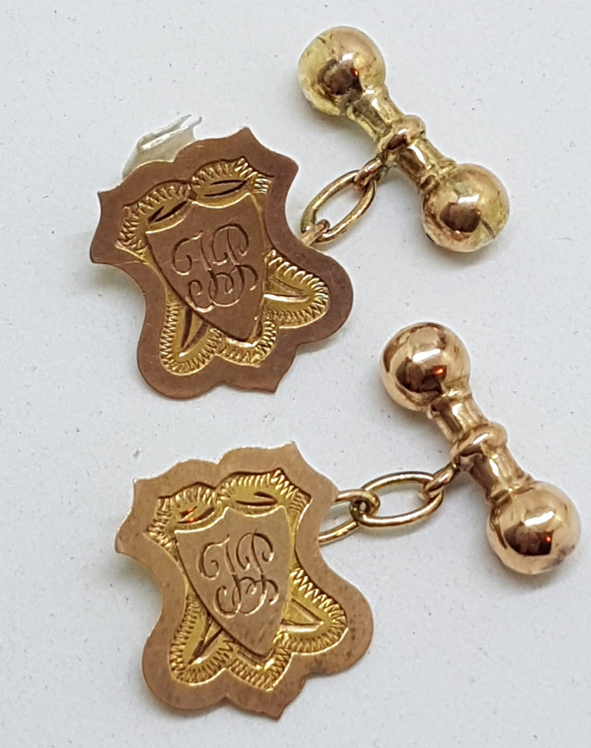 9ct Rose Gold Initialled "I.P" Shield Shape Cufflinks - Vintage / Antique