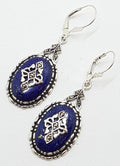 Sterling Silver Ornate Oval Lapis Lazuli and Marcasite Drop Earrings