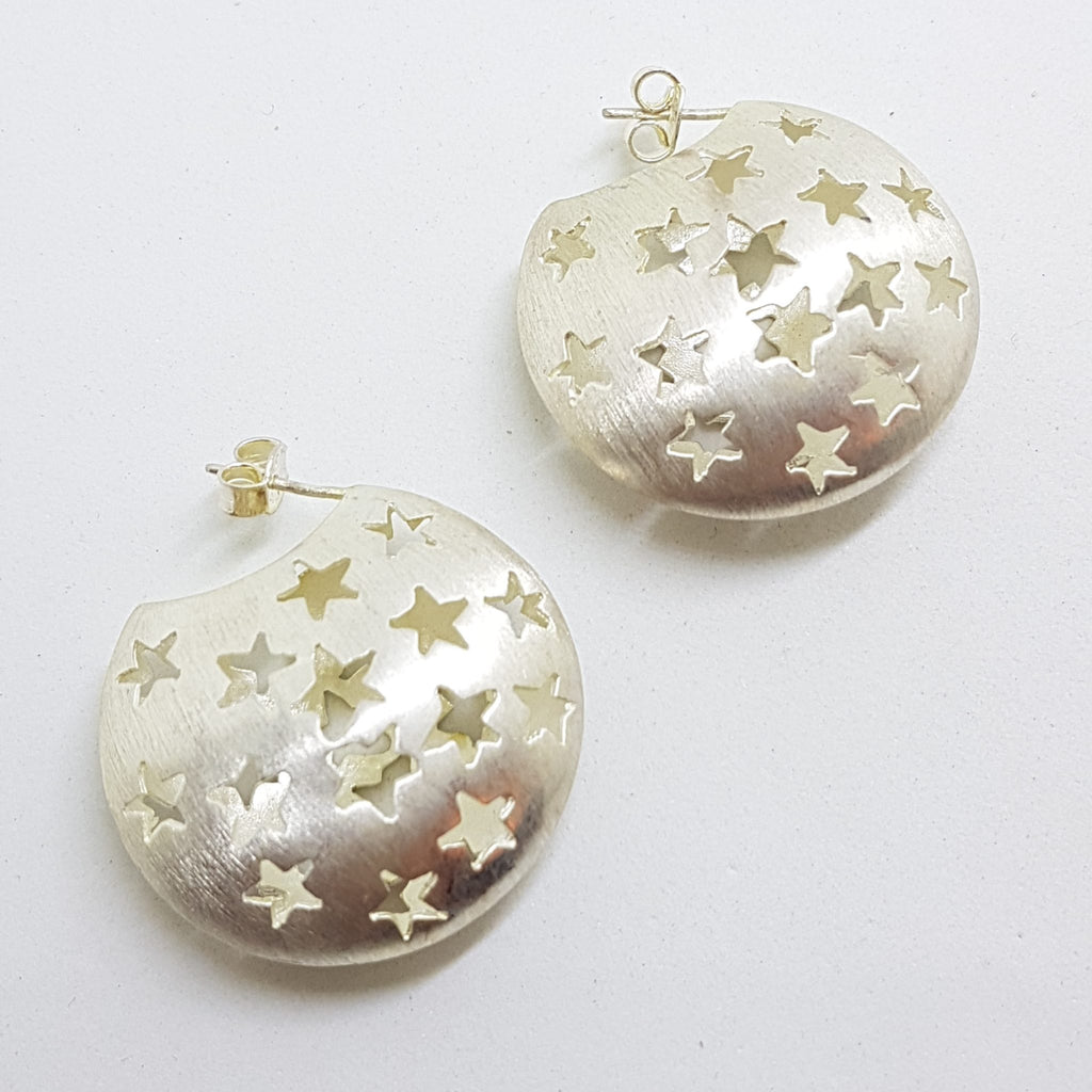 Sterling Silver Large Star Motif Round Earrings