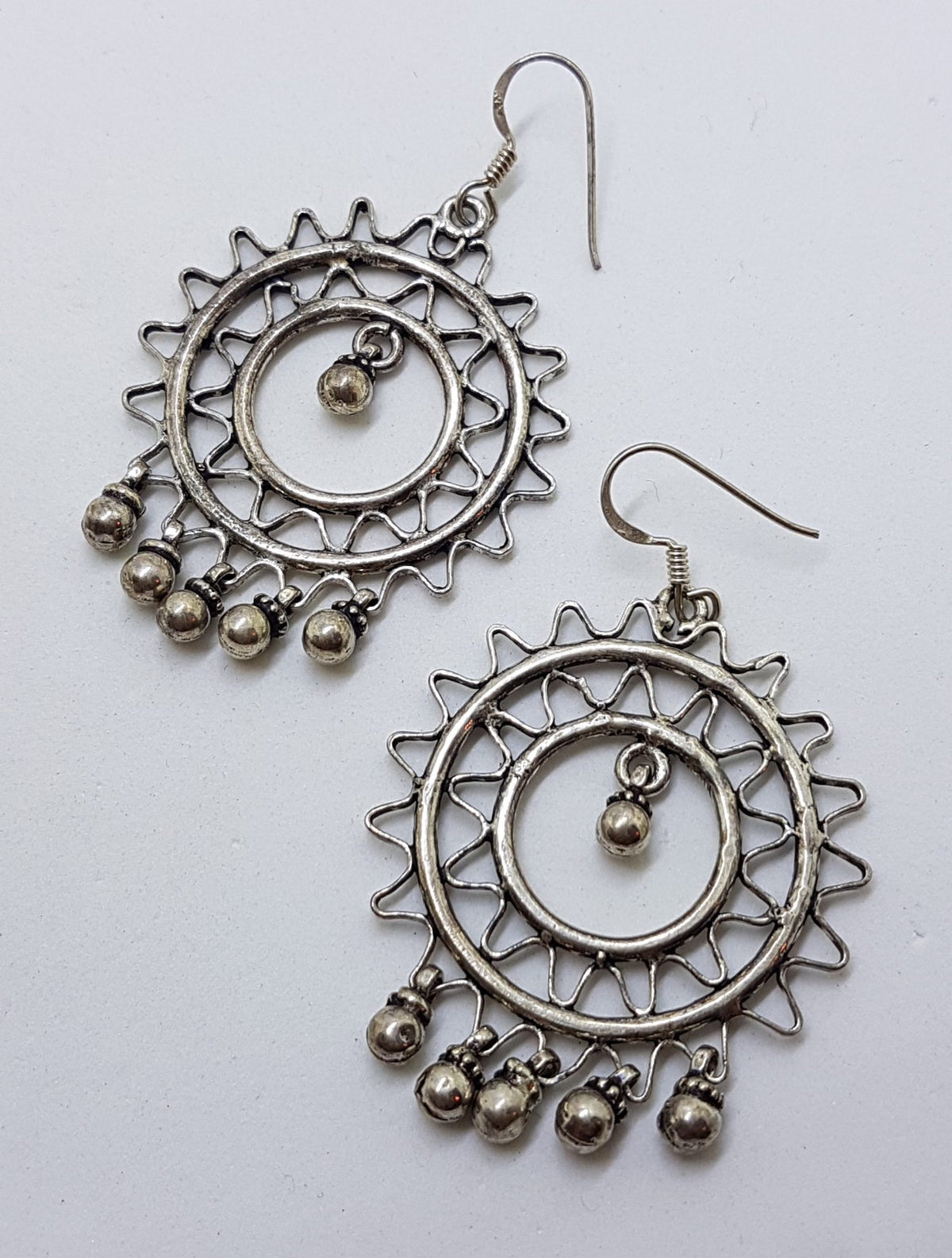 Sterling Silver Very  Large Round with Dangles Ornate Drop Earrings