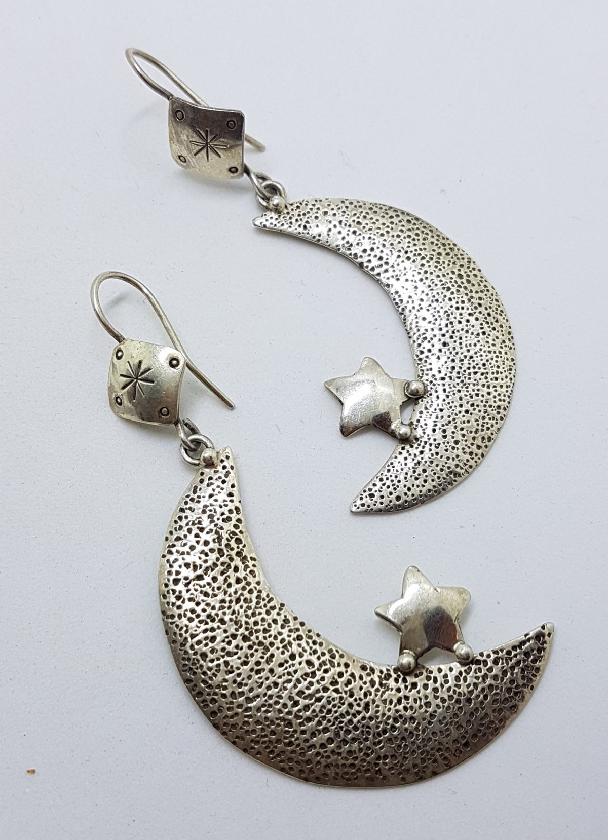 Sterling Silver Large Crescent Moon and Star Long Drop Earrings