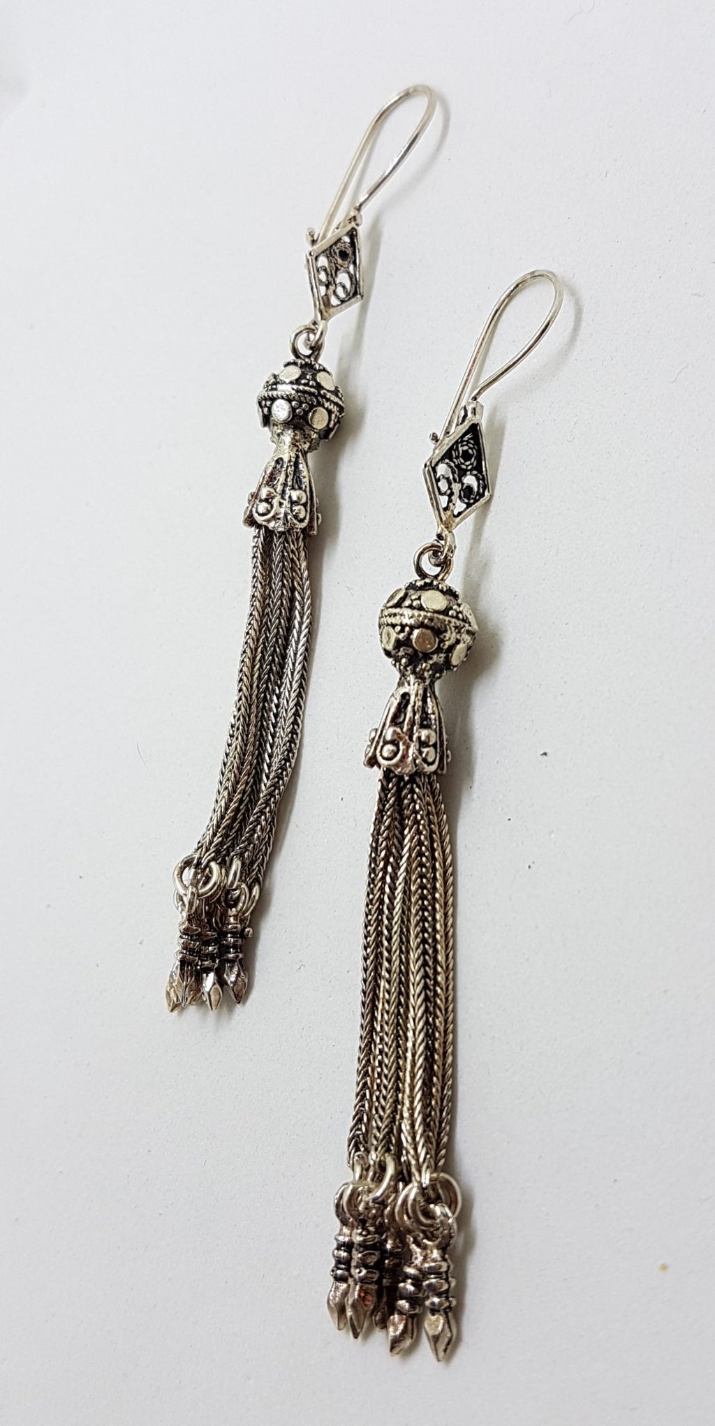 Sterling Silver Very Long Ornate Tassel Drop Earrings