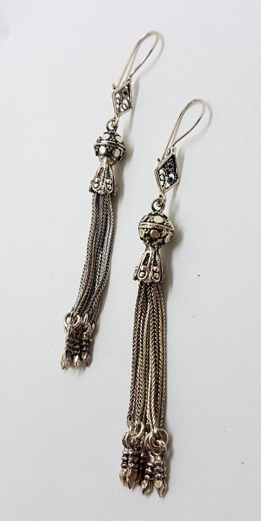 Sterling Silver Very Long Ornate Tassel Drop Earrings