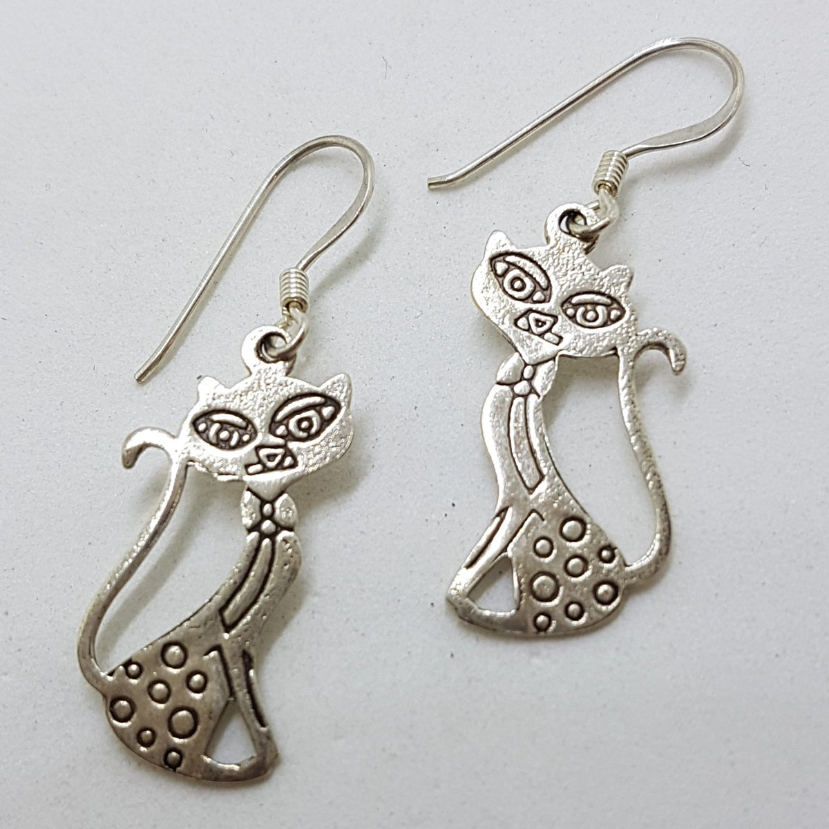 Sterling Silver Ornate Sitting Cat Drop Earrings