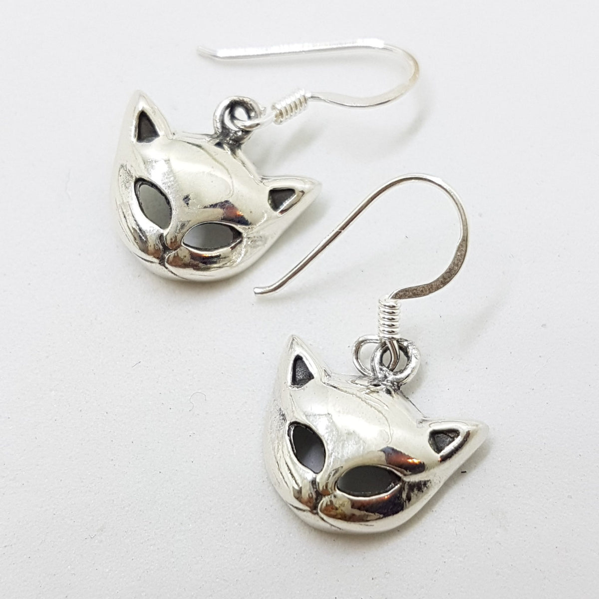 Sterling Silver Cat Face / Head Drop Earrings
