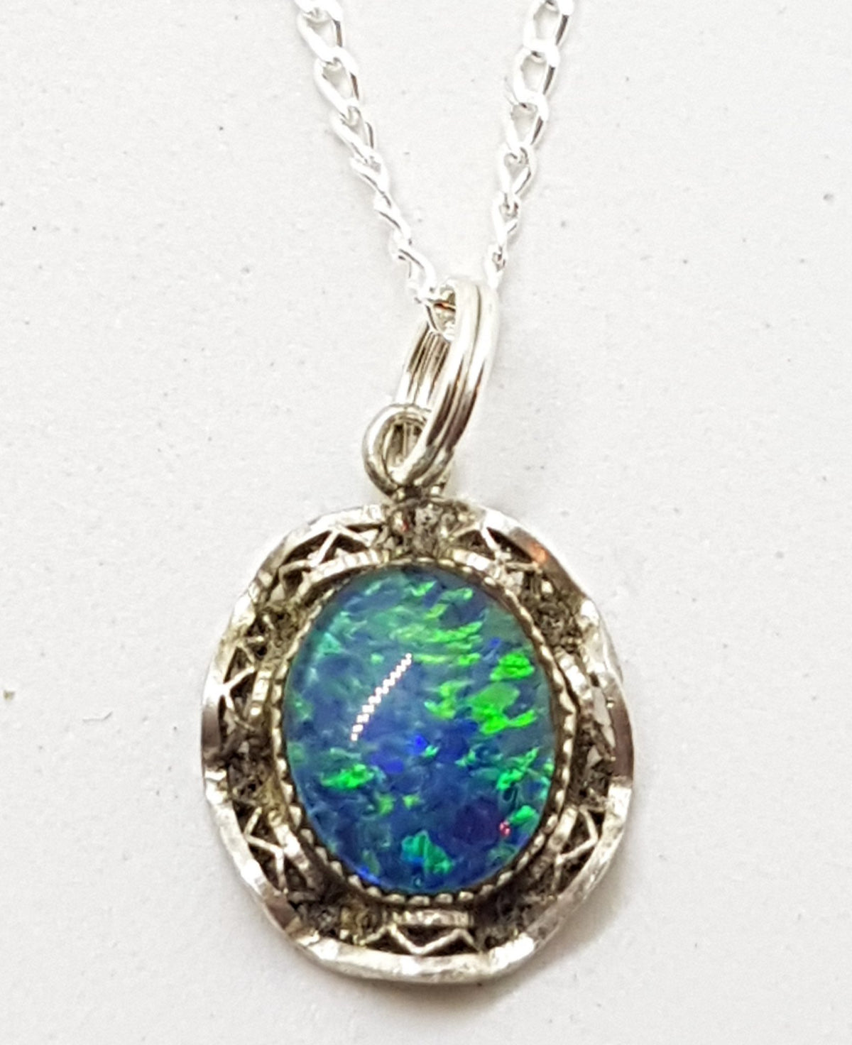 Sterling Silver Dainty and Ornate Opal Triplet Pendant on Silver Chain - Antique / Vintage