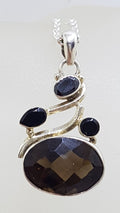 Sterling Silver Oval Smokey Quartz and Onyx Ornate Pendant on Silver Chain