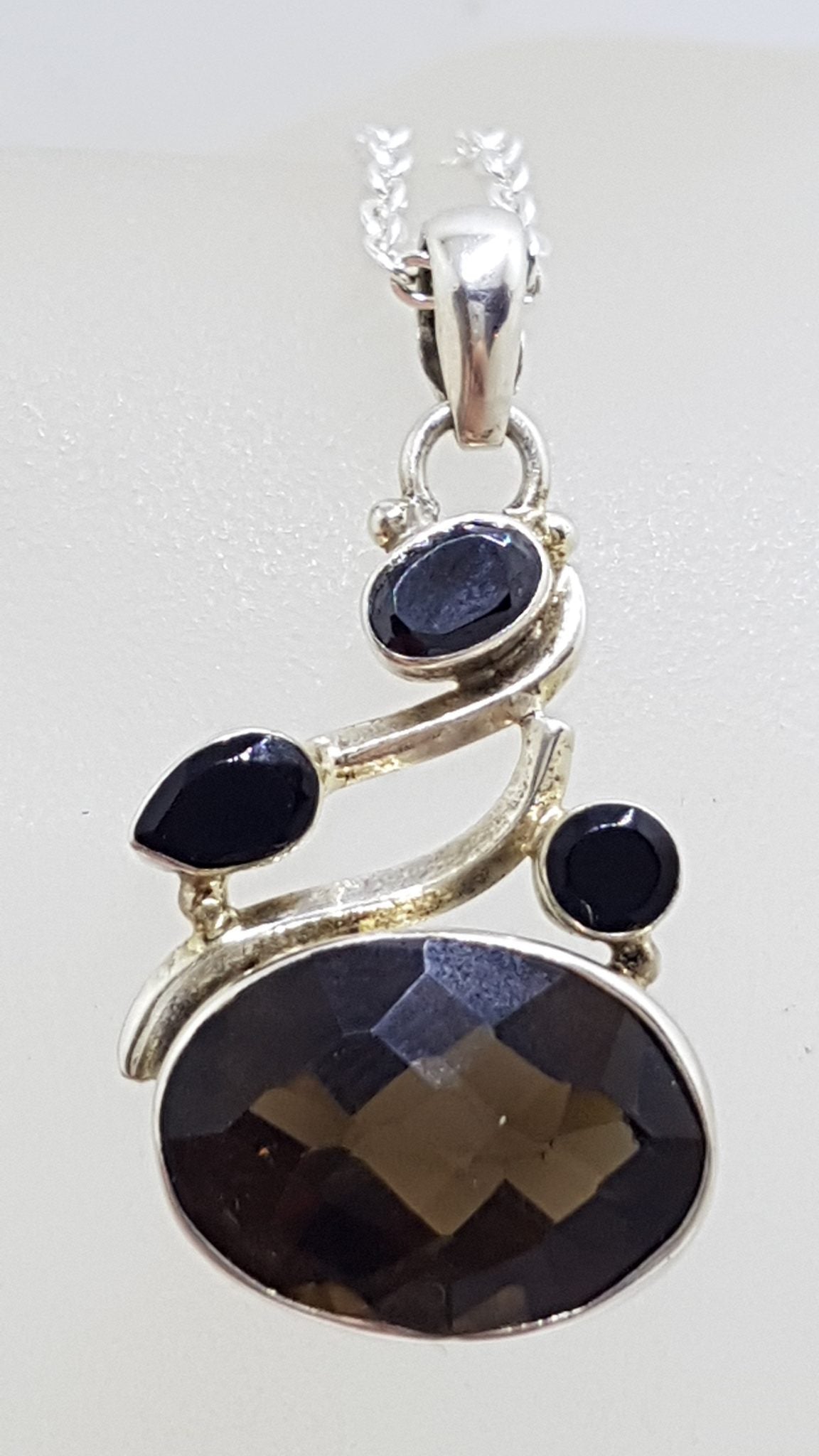 Sterling Silver Oval Smokey Quartz and Onyx Ornate Pendant on Silver Chain
