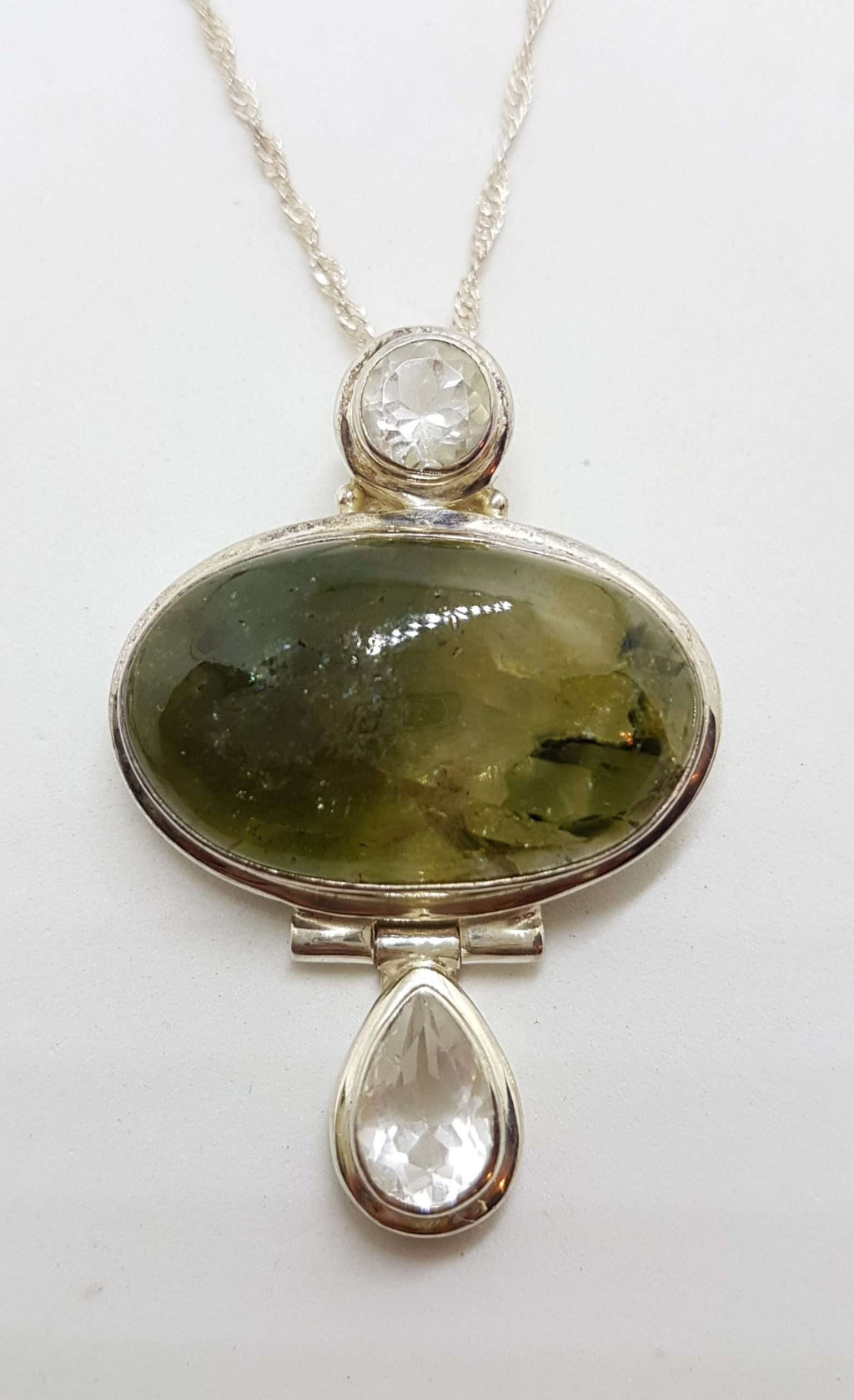 Sterling Silver Large Oval Green Agate with Clear Crystal Quartz Pendant on Silver Chain