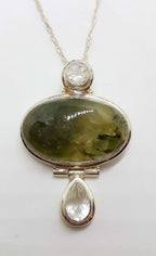 Sterling Silver Large Oval Green Agate with Clear Crystal Quartz Pendant on Silver Chain