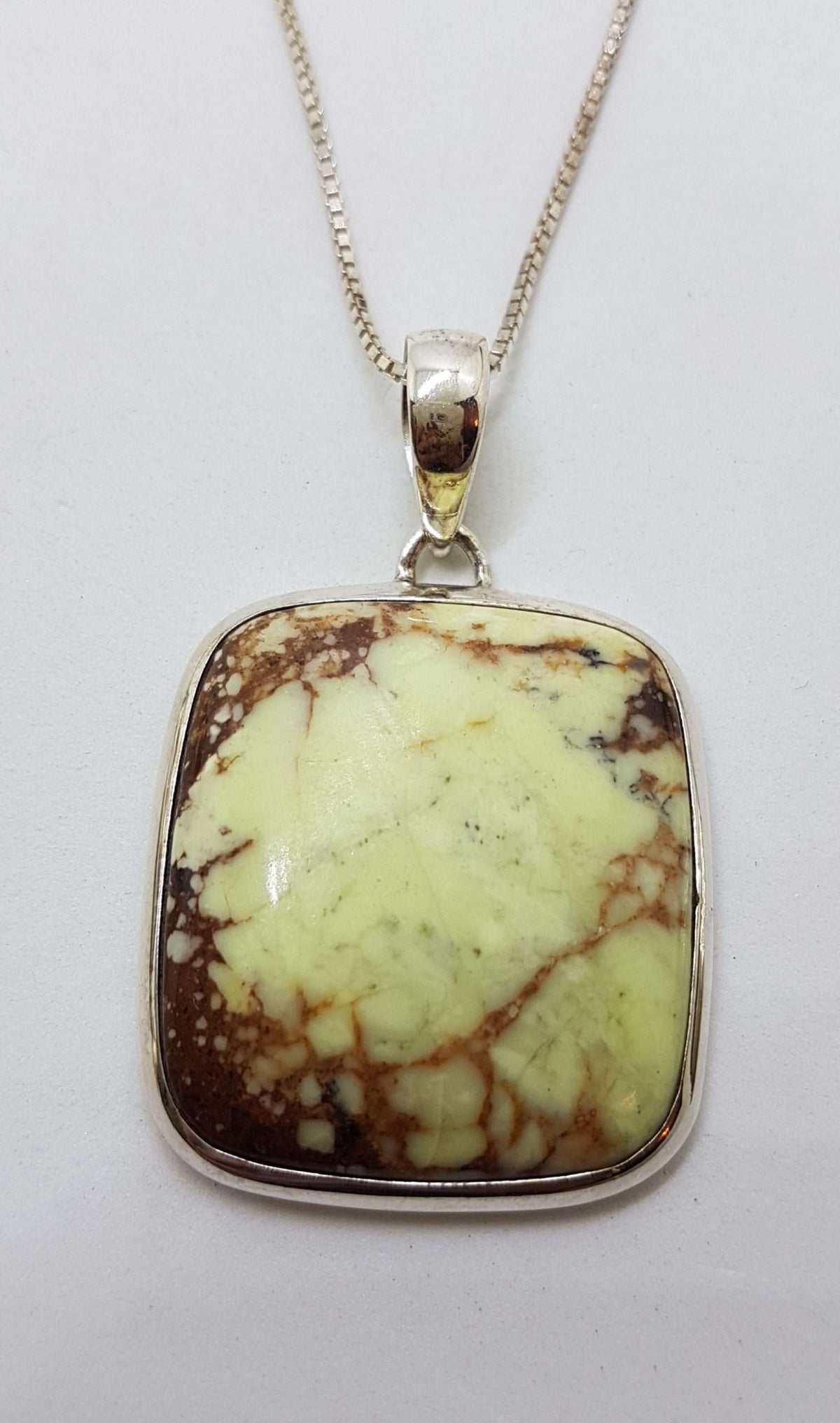 Sterling Silver Large Square Lemon Chrysoprase Pendant on Silver Chain