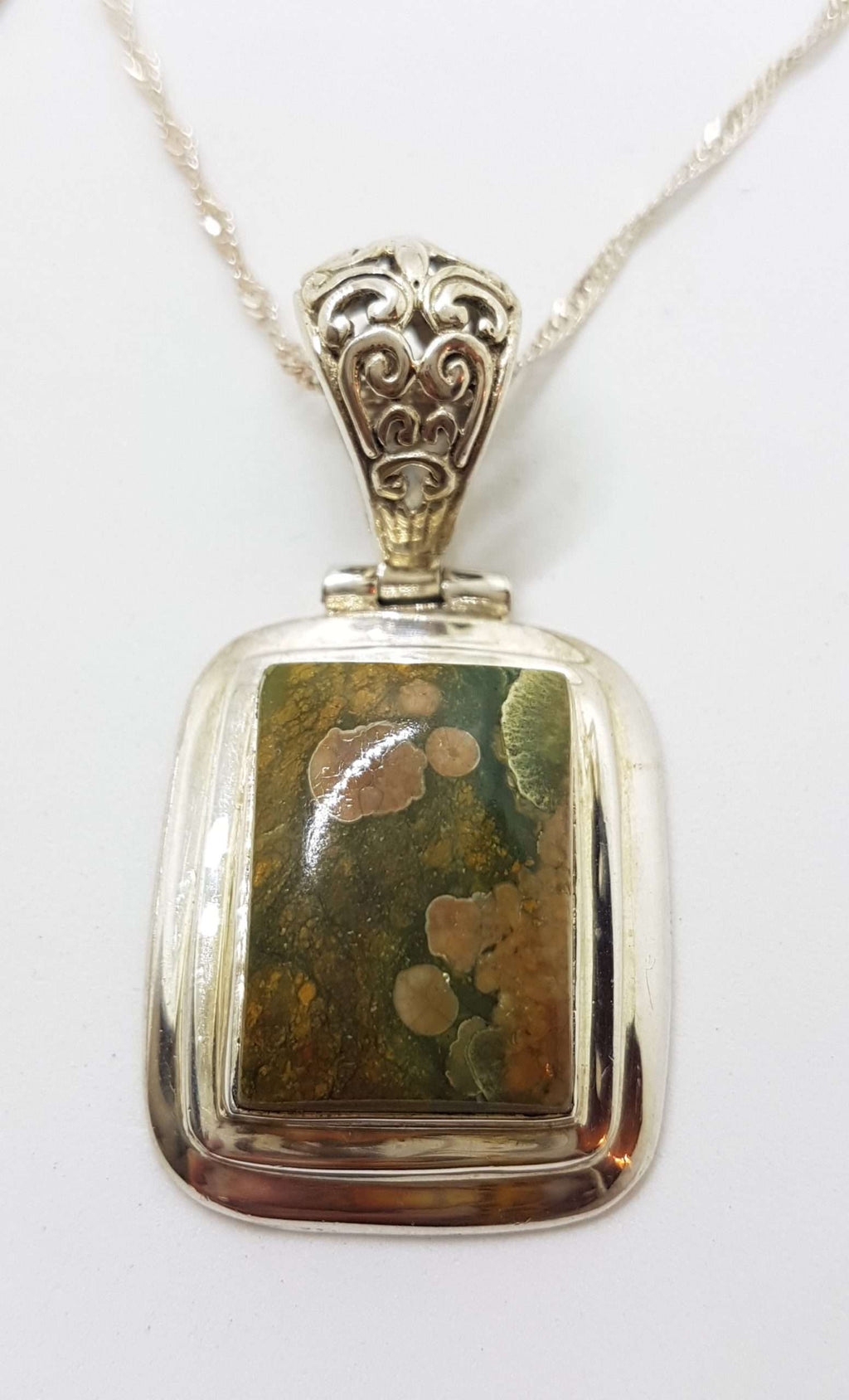 Sterling Silver Rectangular Green Jasper Pendant on Silver Chain