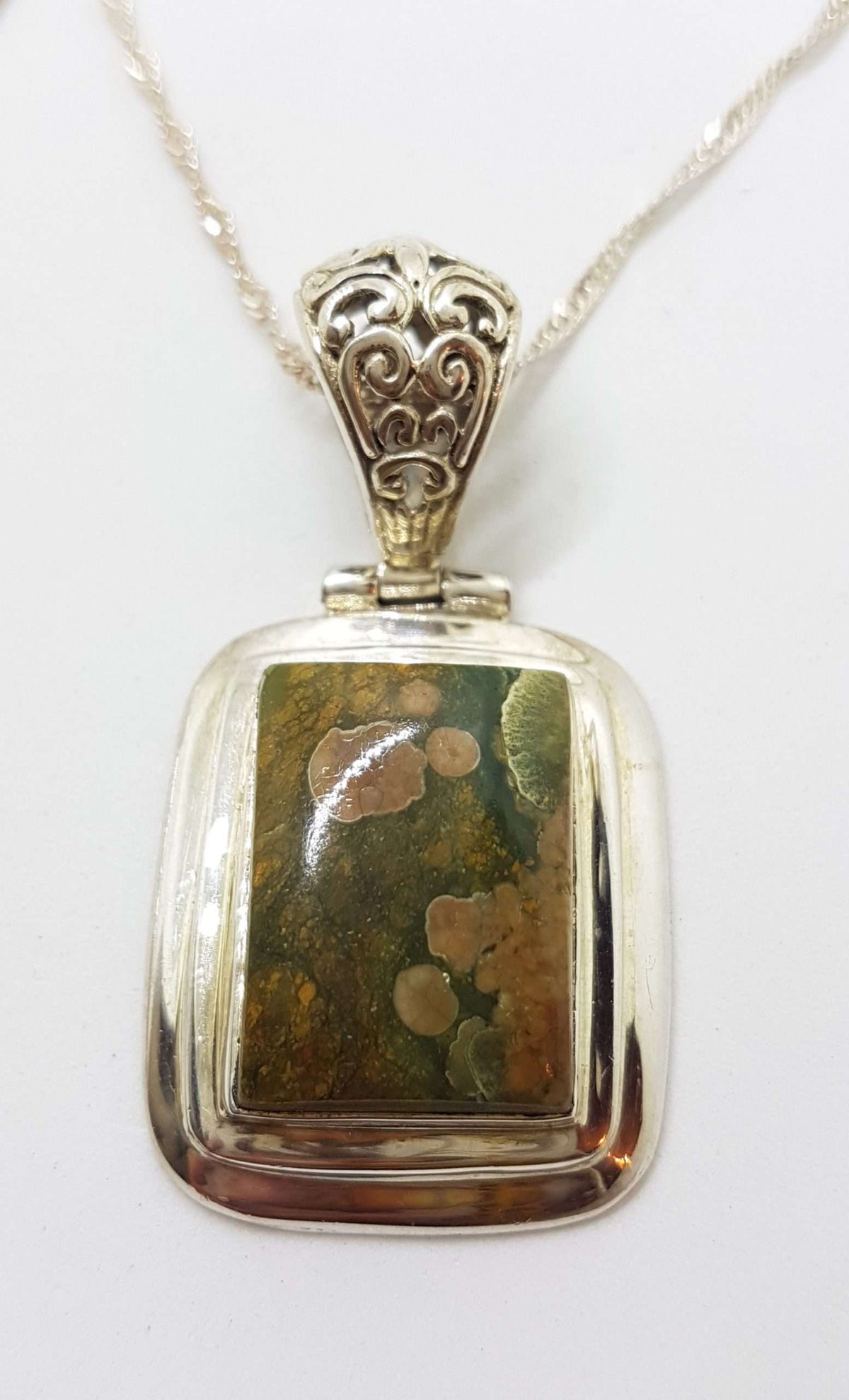Sterling Silver Rectangular Green Jasper Pendant on Silver Chain