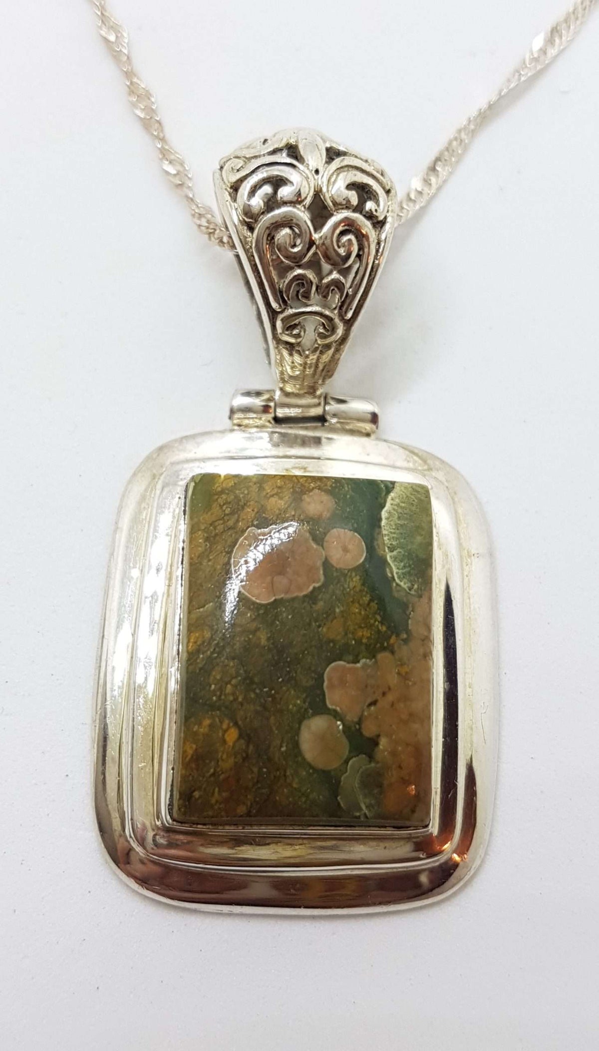 Sterling Silver Rectangular Green Jasper Pendant on Silver Chain