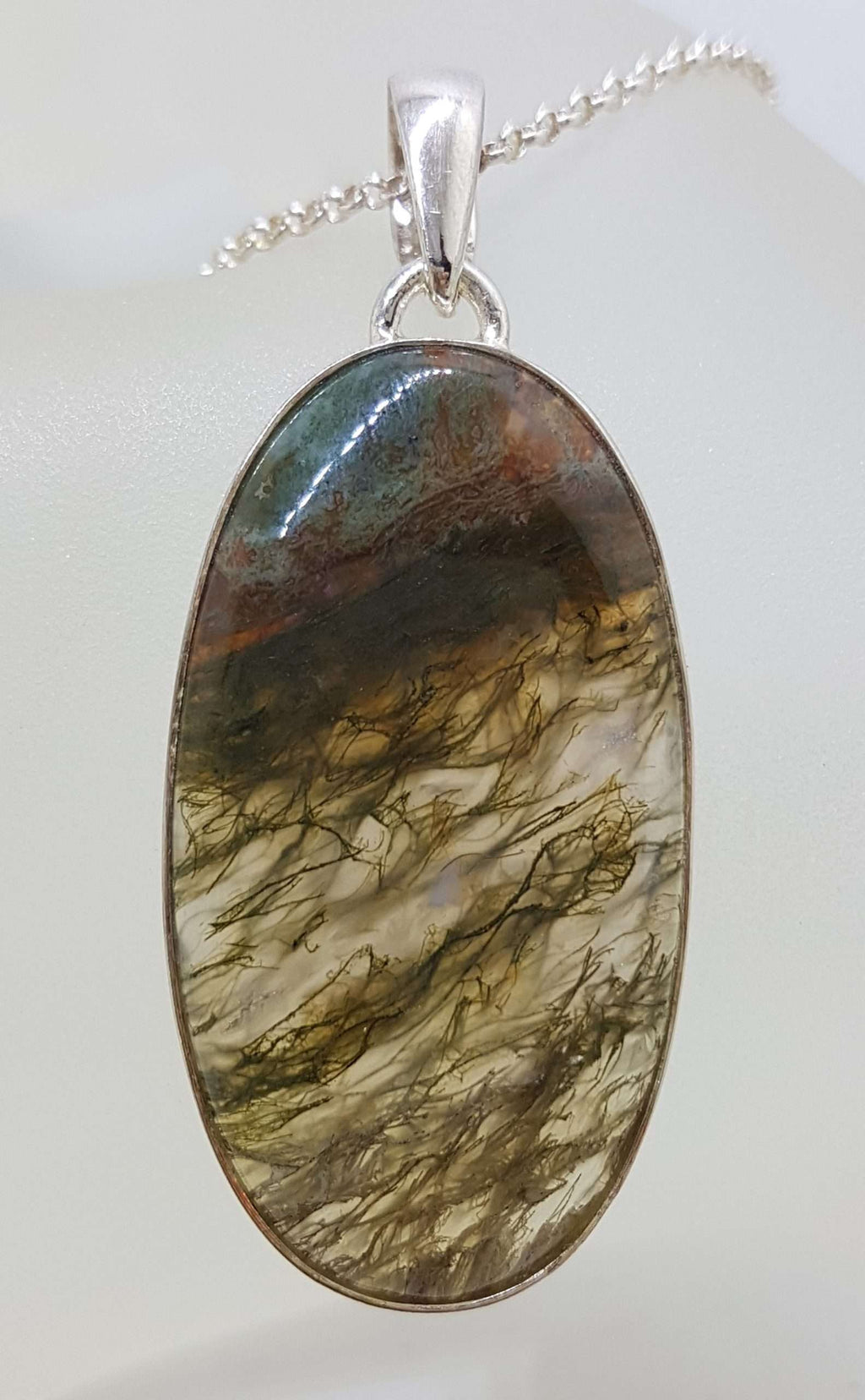 Sterling Silver Large Oval Moss Agate Pendant on Silver Chain