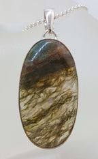 Sterling Silver Large Oval Moss Agate Pendant on Silver Chain