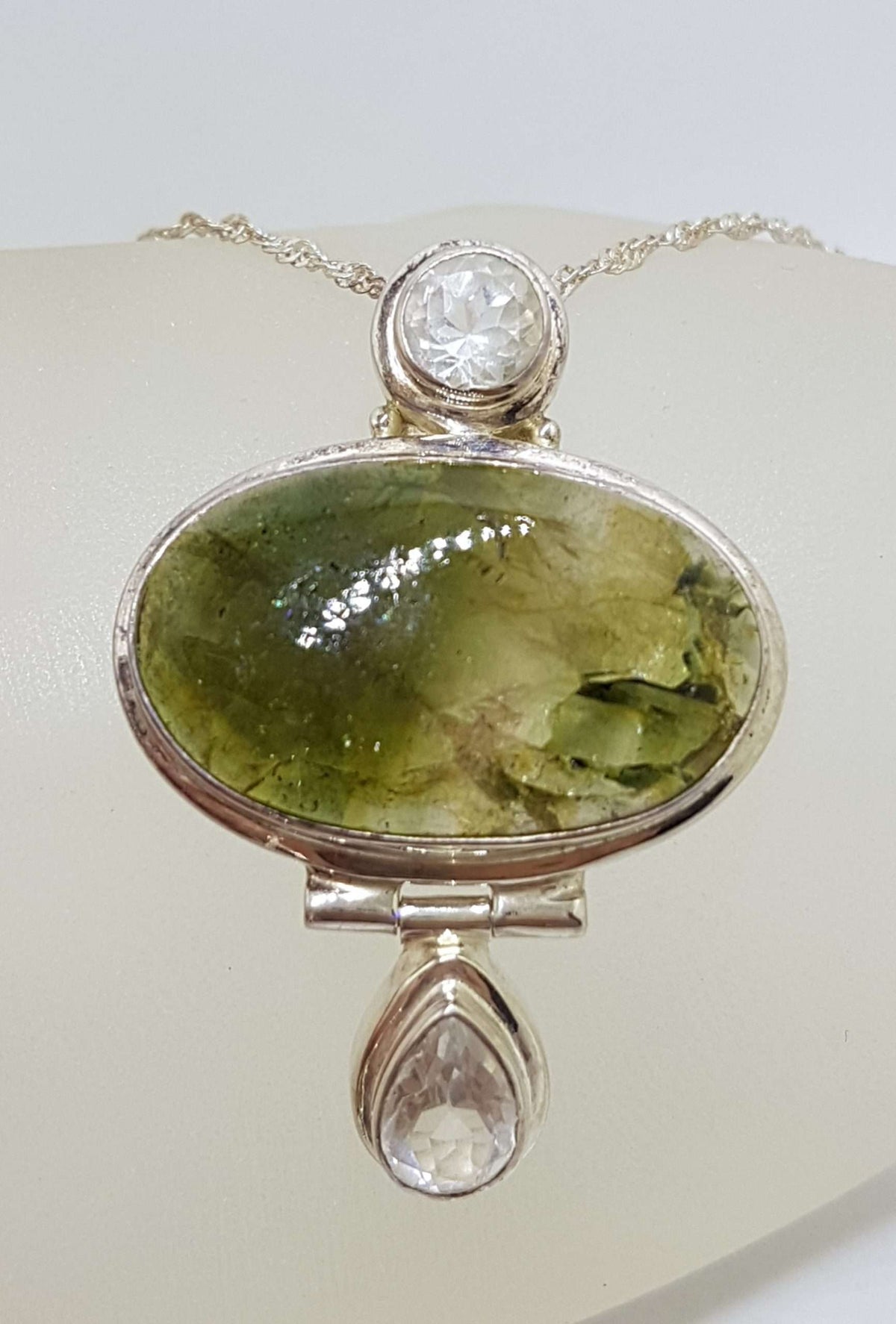 Sterling Silver Large Oval Green Agate with Clear Crystal Quartz Pendant on Silver Chain