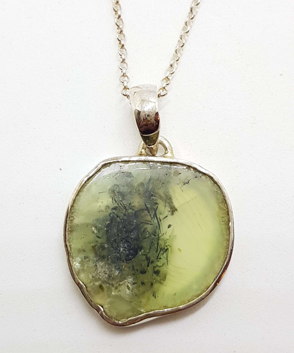 Sterling Silver Large Tourmalated Prehnite Slice Pendant on Silver Chain