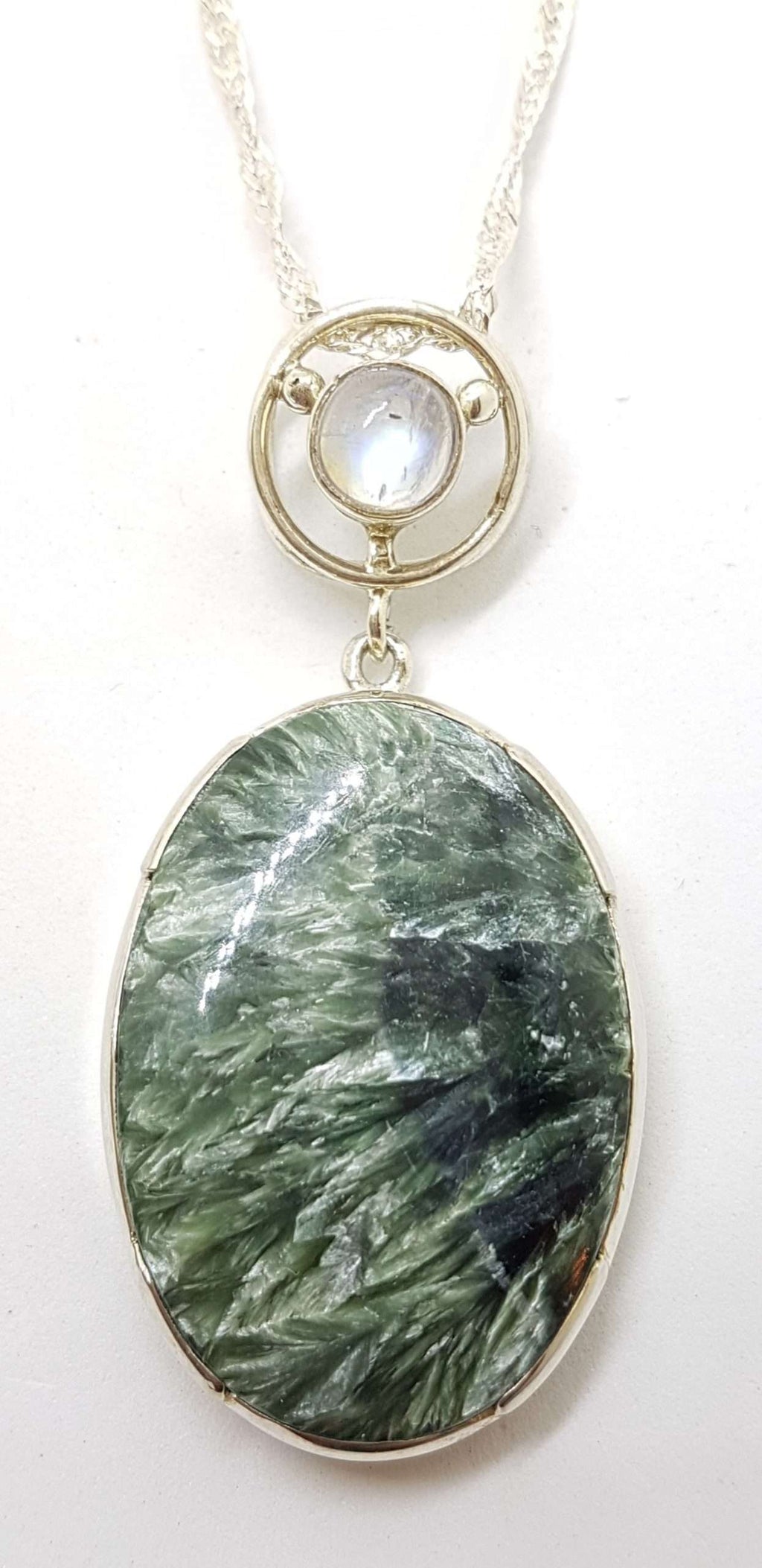Sterling Silver Large Oval Seraphinite with Moonstone Pendant on Silver Chain