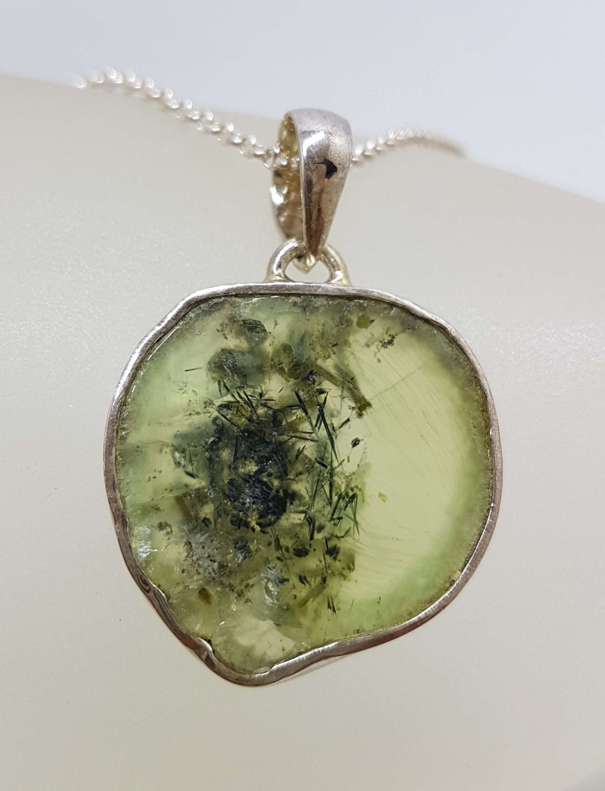 Sterling Silver Large Tourmalated Prehnite Slice Pendant on Silver Chain