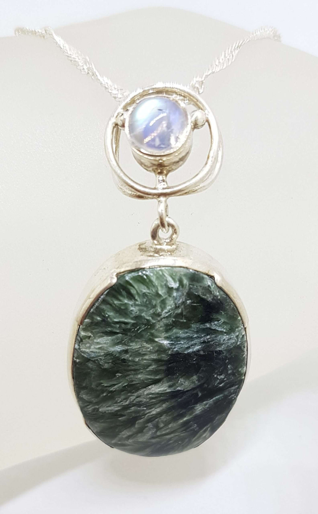 Sterling Silver Large Oval Seraphinite with Moonstone Pendant on Silver Chain