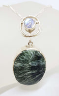 Sterling Silver Large Oval Seraphinite with Moonstone Pendant on Silver Chain