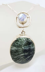Sterling Silver Large Oval Seraphinite with Moonstone Pendant on Silver Chain
