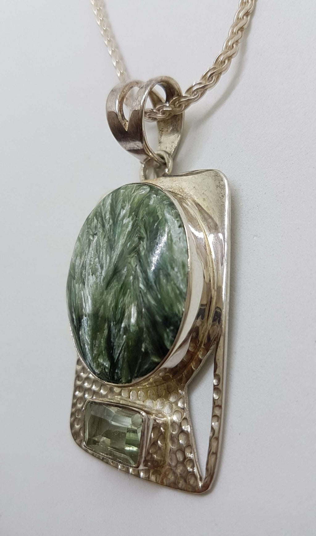 Sterling Silver Oval Seraphinite in Rectangular Setting with Green Amethyst / Prasiolite Pendant on Silver Chain