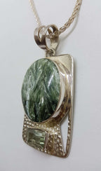 Sterling Silver Oval Seraphinite in Rectangular Setting with Green Amethyst / Prasiolite Pendant on Silver Chain