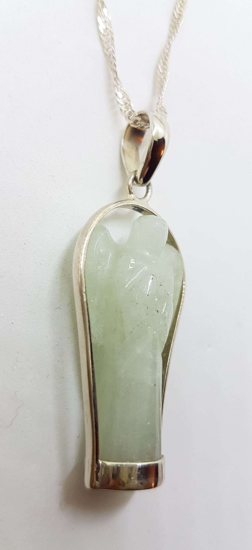 Sterling Silver Carved Aventurine Guardian Angel Pendant on Silver Chain