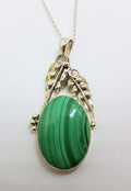 Sterling Silver Large Oval Malachite with Ornate Leaf Design Pendant on Silver Chain