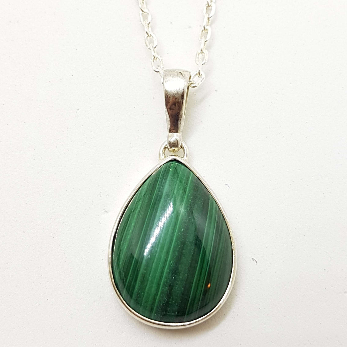 Sterling Silver Teadrop Pear Shape Malachite Pendant on Silver Chain