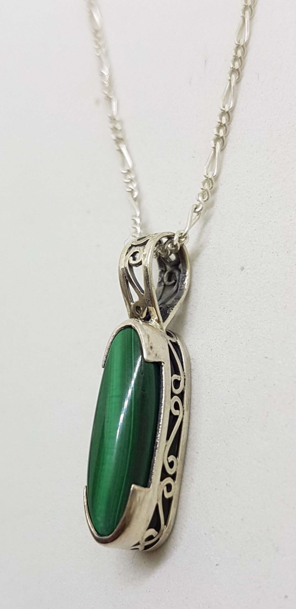 Sterling Silver Ornate Filigree Oval Malachite Pendant on Silver Chain