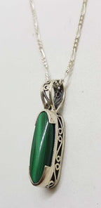 Sterling Silver Ornate Filigree Oval Malachite Pendant on Silver Chain
