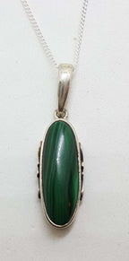Sterling Silver Ornate Pattern Oval Malachite Pendant on Silver Chain