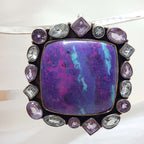 Sterling Silver Large Square Purple Turquoise Surrounded by Amethyst and Topaz Large Pendant on Silver Choker Chain / Necklace