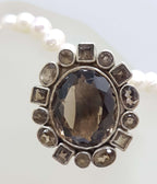 Sterling Silver Large Oval Smokey Quartz Cluster Pendant on Pearl Chain Necklace