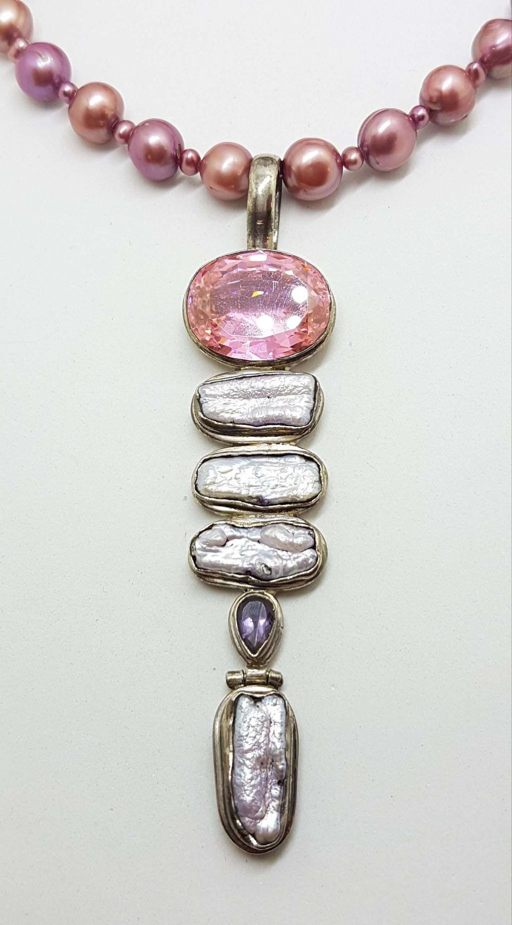 Sterling Silver Very Long Drop Pearl, Pink Cubic Zirconia and Amethyst Pendant on Pearl Necklace