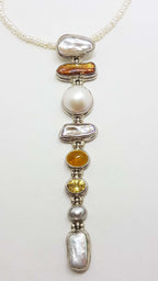 Sterling Silver Very Long Drop Pearl ( Blister and Mabe ) with Citrine Pendant on Pearl Chain Necklace