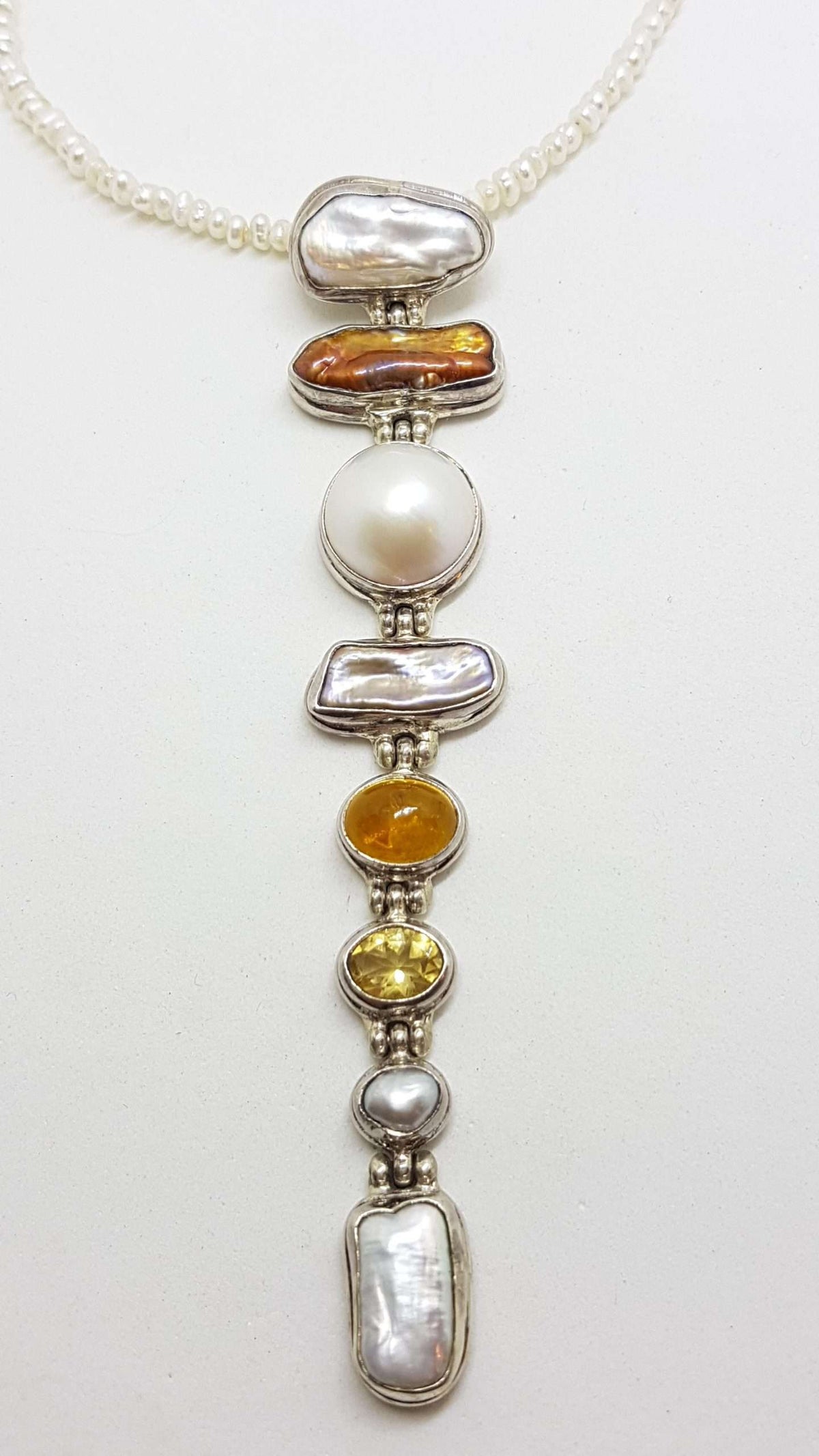 Sterling Silver Very Long Drop Pearl ( Blister and Mabe ) with Citrine Pendant on Pearl Chain Necklace