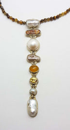 Sterling Silver Very Long Drop Pearl ( Blister and Mabe ) with Citrine Pendant on Tiger Eye Bead Necklace Chain