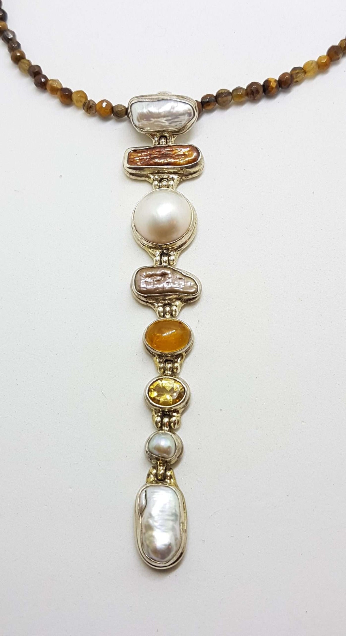 Sterling Silver Very Long Drop Pearl ( Blister and Mabe ) with Citrine Pendant on Tiger Eye Bead Necklace Chain