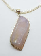 Sterling Silver Large Druzy Gemstone Pendant on Pearl Chain Necklace