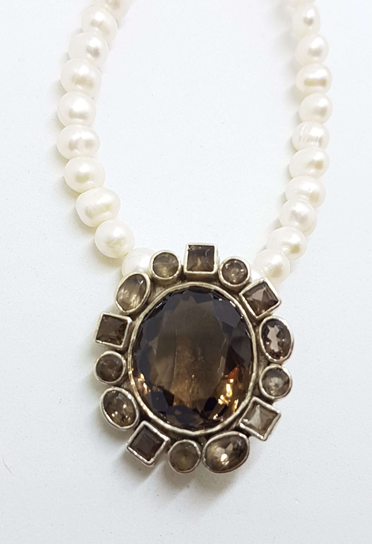Sterling Silver Large Oval Smokey Quartz Cluster Pendant on Pearl Chain Necklace